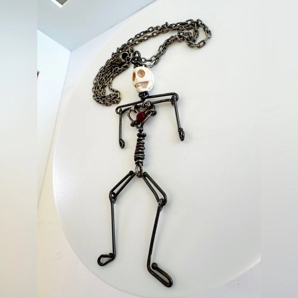 Handmade Skeleton Necklace “Bone Head” Sterling Silver & Copper with Bone Bead - Picture 7 of 9